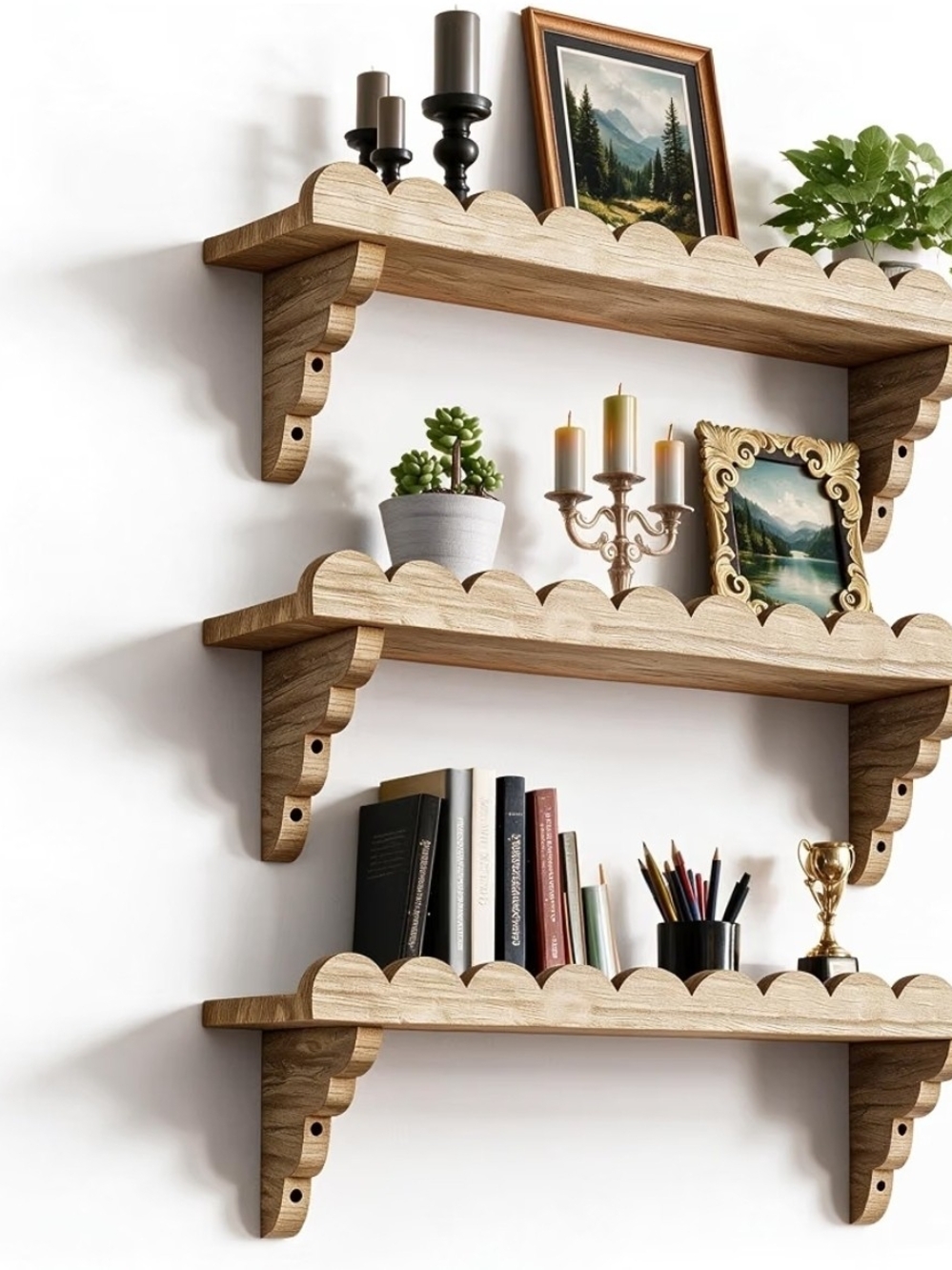 Set Of 3 Scalloped Paulownia Wood Floating Shelves | 17X6 Inch | NEW IN BOX |